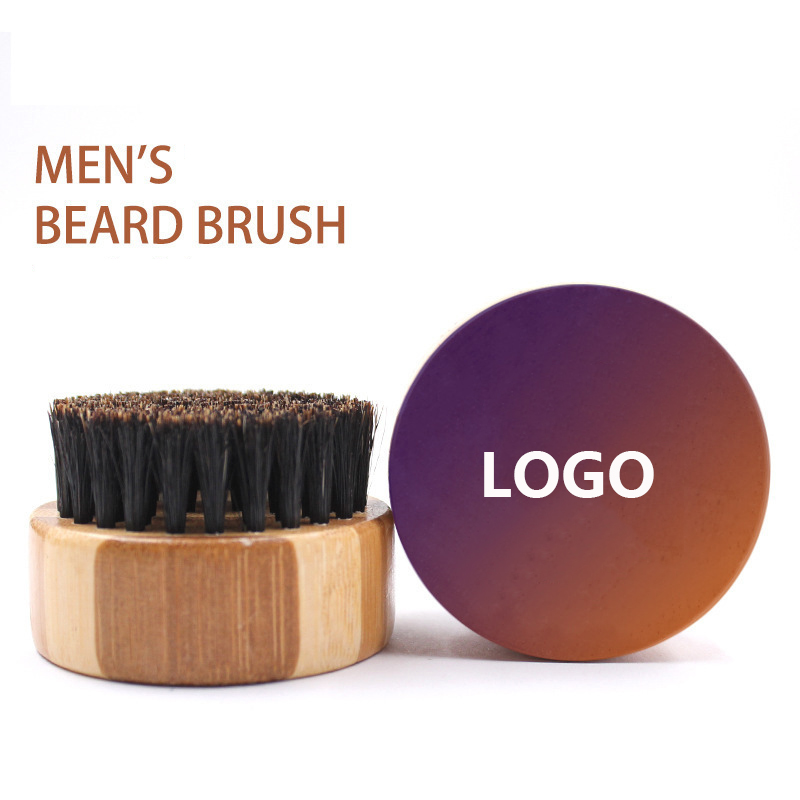 Factory wholesale rubber wood material round shape pure boar bristle mini beard cleaning brush boar bristle