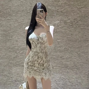 Lady's Sleeveless Mini Dress Breathable  Design High Waist Hanging Neck One-Piece Beach Dress Lace Women's