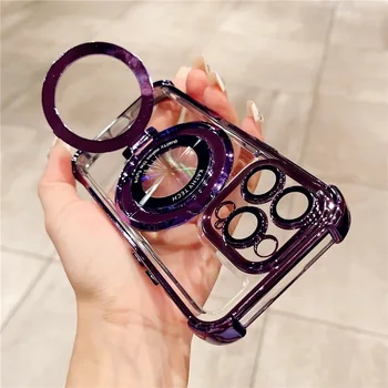 Hot Selling Luxury Shockproof Magnetic With Holder Stand Case Transparent Phone Case for iPhone 15 11 12 13 14 Pro Max Plus
