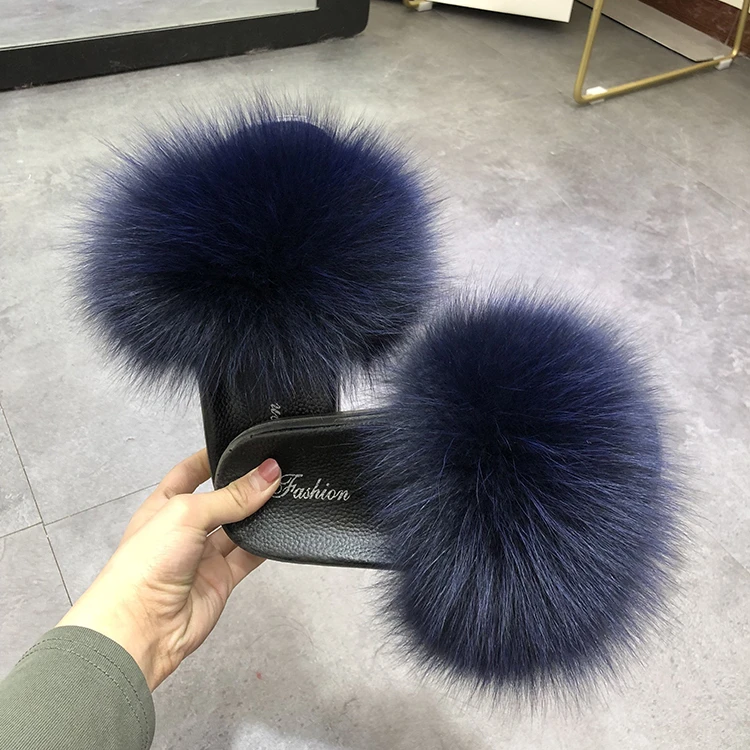 2022 Custom Wholesale Furry Ball Slippers Real Fur Sandals Slides ...