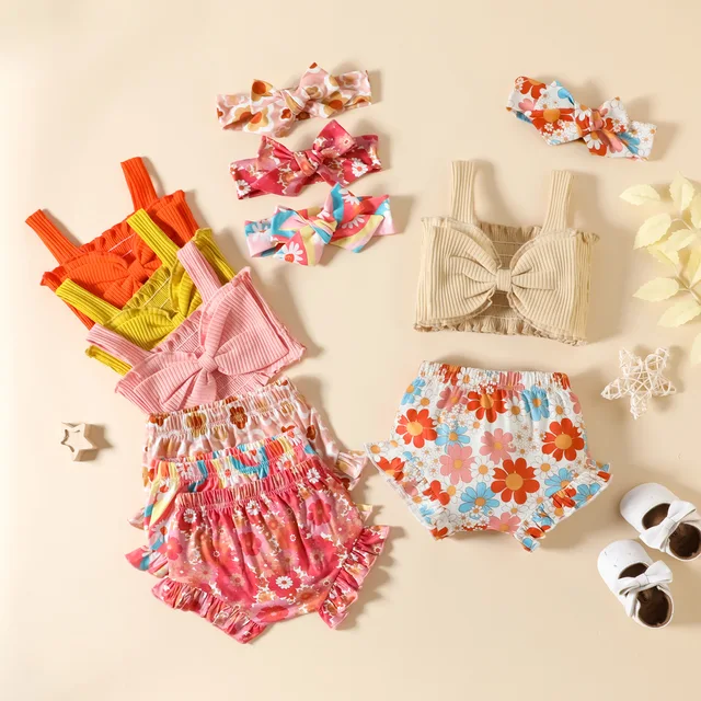 3pcs Toddler Girls Sleeveless Bowknot T Shirt Vest Tops Floral Prints Shorts Headbands Outfits