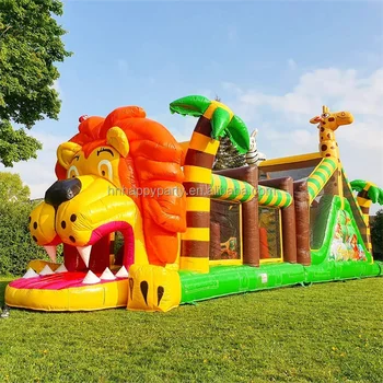 Lion Theme commercial outdoor inflatable obstacle course bounce house with blower