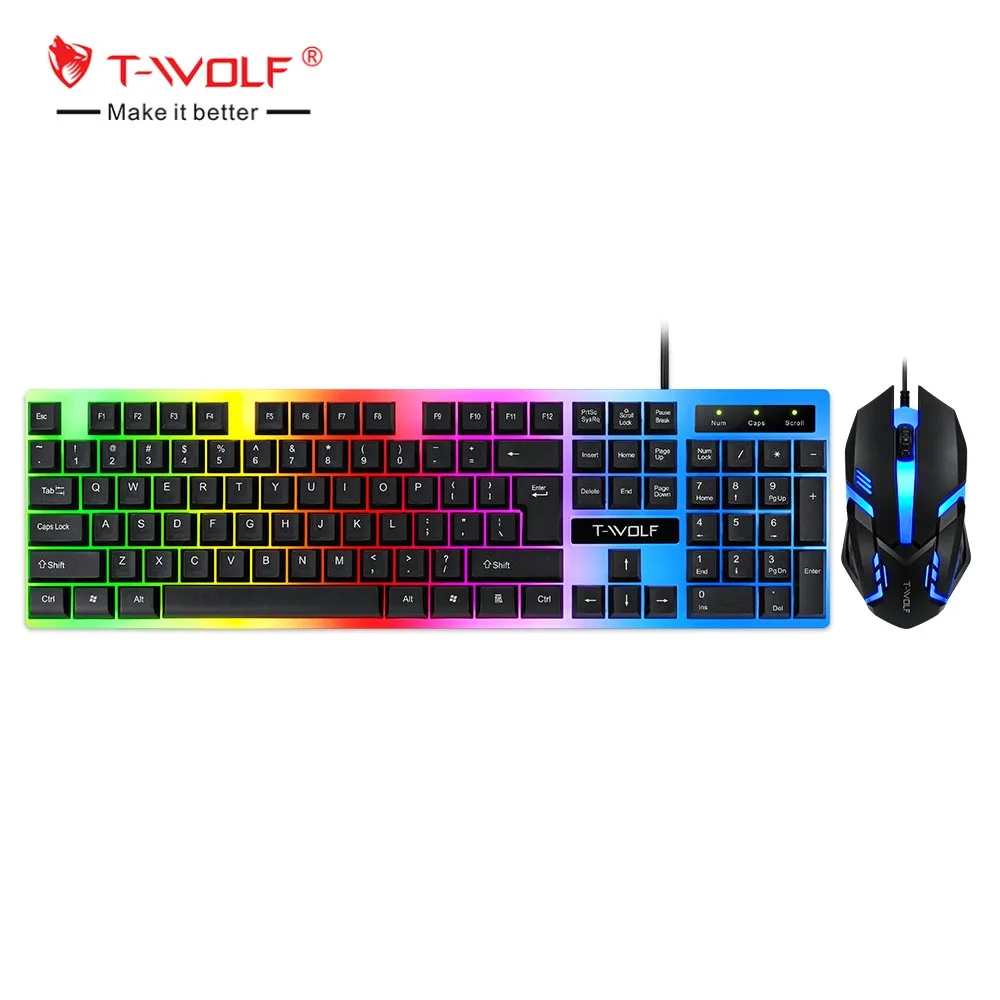 Wholesale T-WOLF TF230 Russian Arabic Led Gaming Keyboard Mouse Combos Wired Backlit Gaming Keyboard Set for Computer Pc Desktop