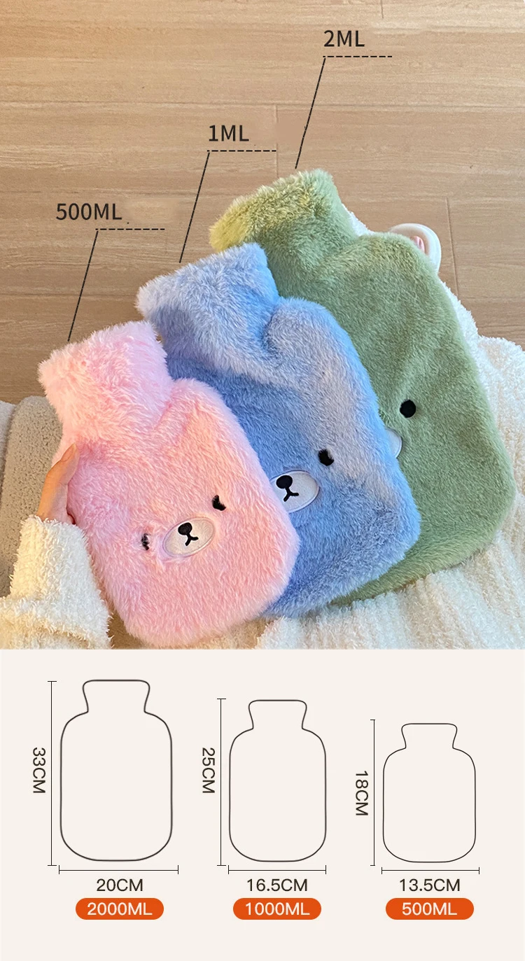 factory direct wholesale custom cute pluch rubber hot water bottle bag 1000ml cover for pain relief and winter warming