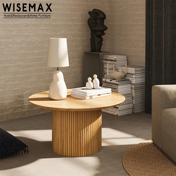WISEMAX FURNITURE Japanese Living Room Furniture Round Solid Wood Tea Table Natural Color Ash Wood Coffee Table with Column Base
