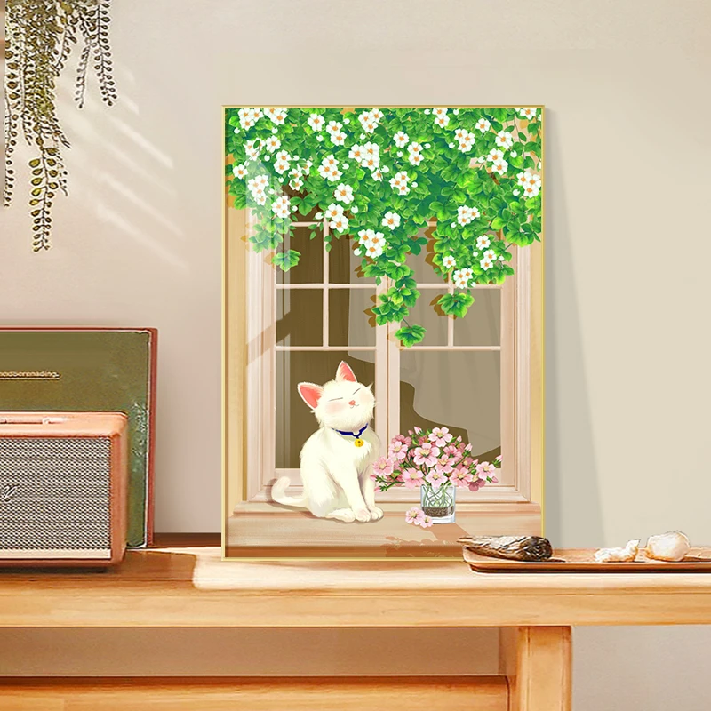 Orange Tabby Cat Wall Art Canvas Print Blooming White Flowers Green Foliage Warm Beige Background Minimalist Whimsical