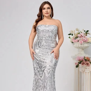 Women's Sexy Strapless Sleeveless Mermaid Slim Fit Chiffon Sequined Floor-Length Summer Party Evening Dress Natural Candy Color