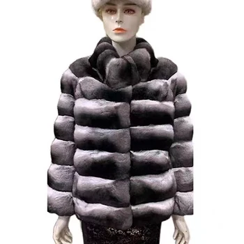 women luxury genuine chinchilla fur coat horizontal style ladies chinchilla fur jackets stripes with stand-up collar