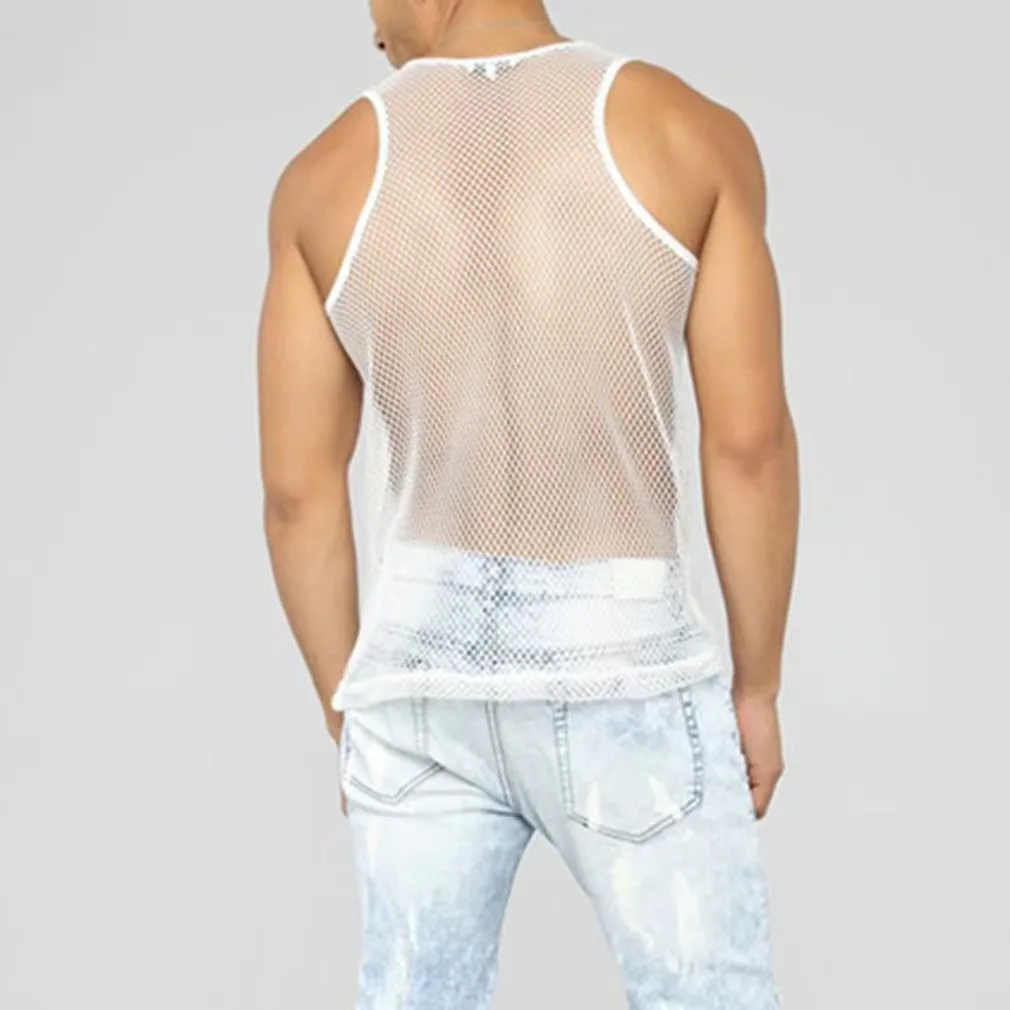 Custom mens see through mesh sleeveless t-shirt muscle tee tops workout underwear vest mesh sleeveless fish net tank tops