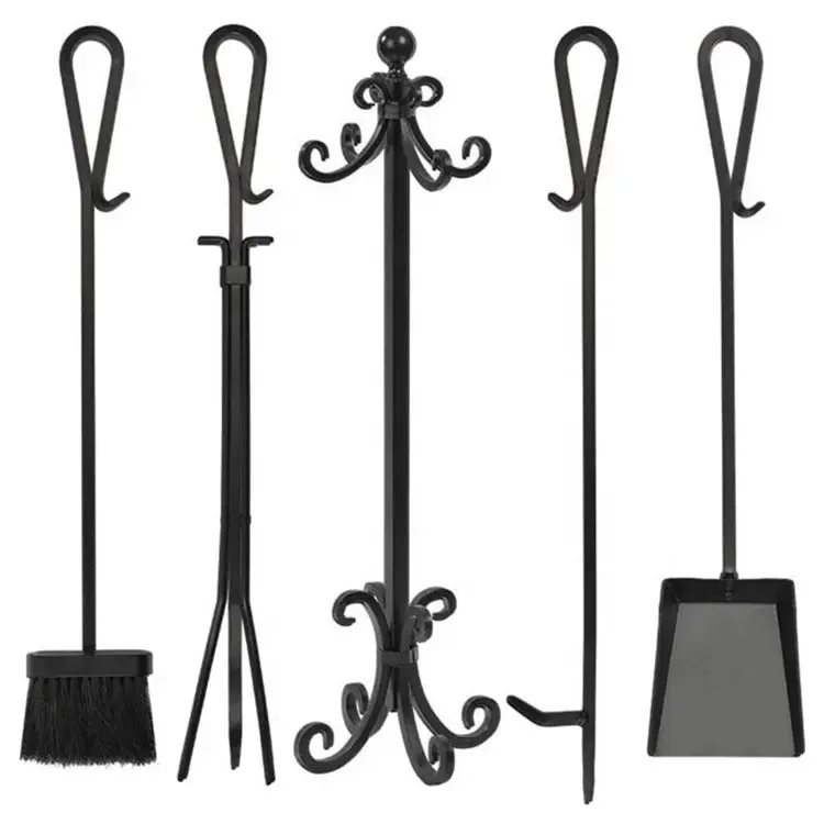 5 Pieces Fireplace Tools Set Cast Iron Indoor Firewood Tools Include Antique Stand Brush Shovel Tong Poker