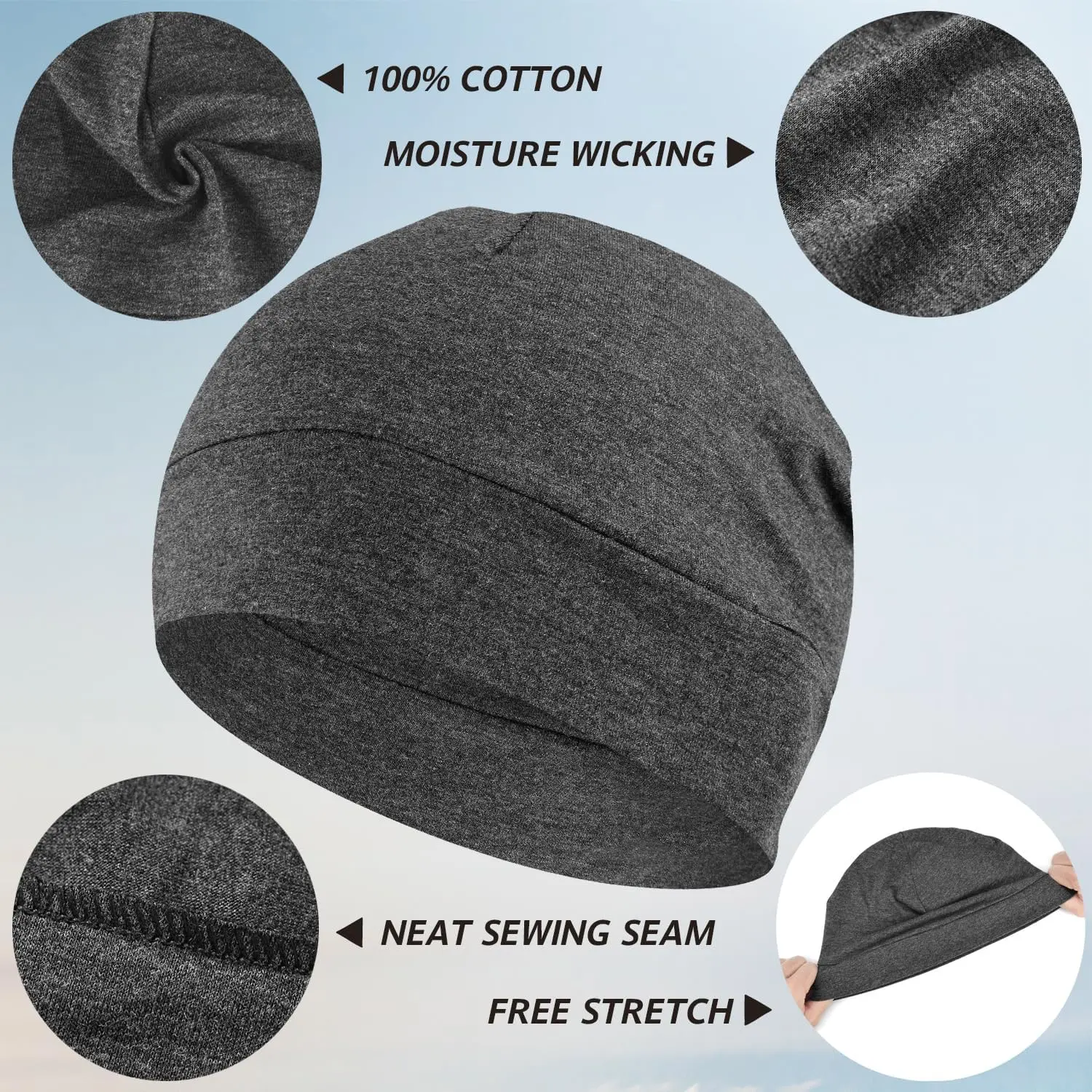Headshion 2-Pack Lightweight 100% Cotton Beanie Sleep Hats 3D Embroidery Skull Caps for Men & Women Breathable Helmet Liner\