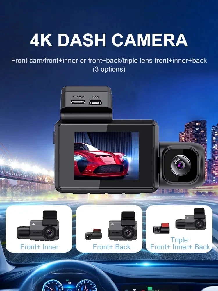 2024 New Arrival 4K IPS Screen Dual Lens Dash Cam WiFi GPS Car DVR Video Recorder Dashcam with Front inside & Back Features