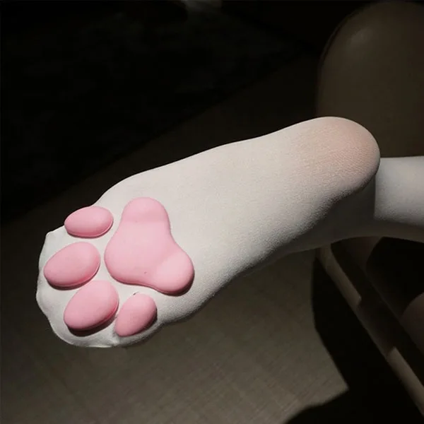 Women's 3D Cat Paw Tights Cute Lolita Thigh High Socks Stocking Anti-Embolism Transparent Nylon Knitted