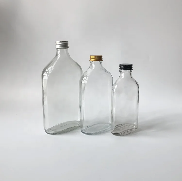 Square flat 200ml glass coffee drinks bottle with metal caps