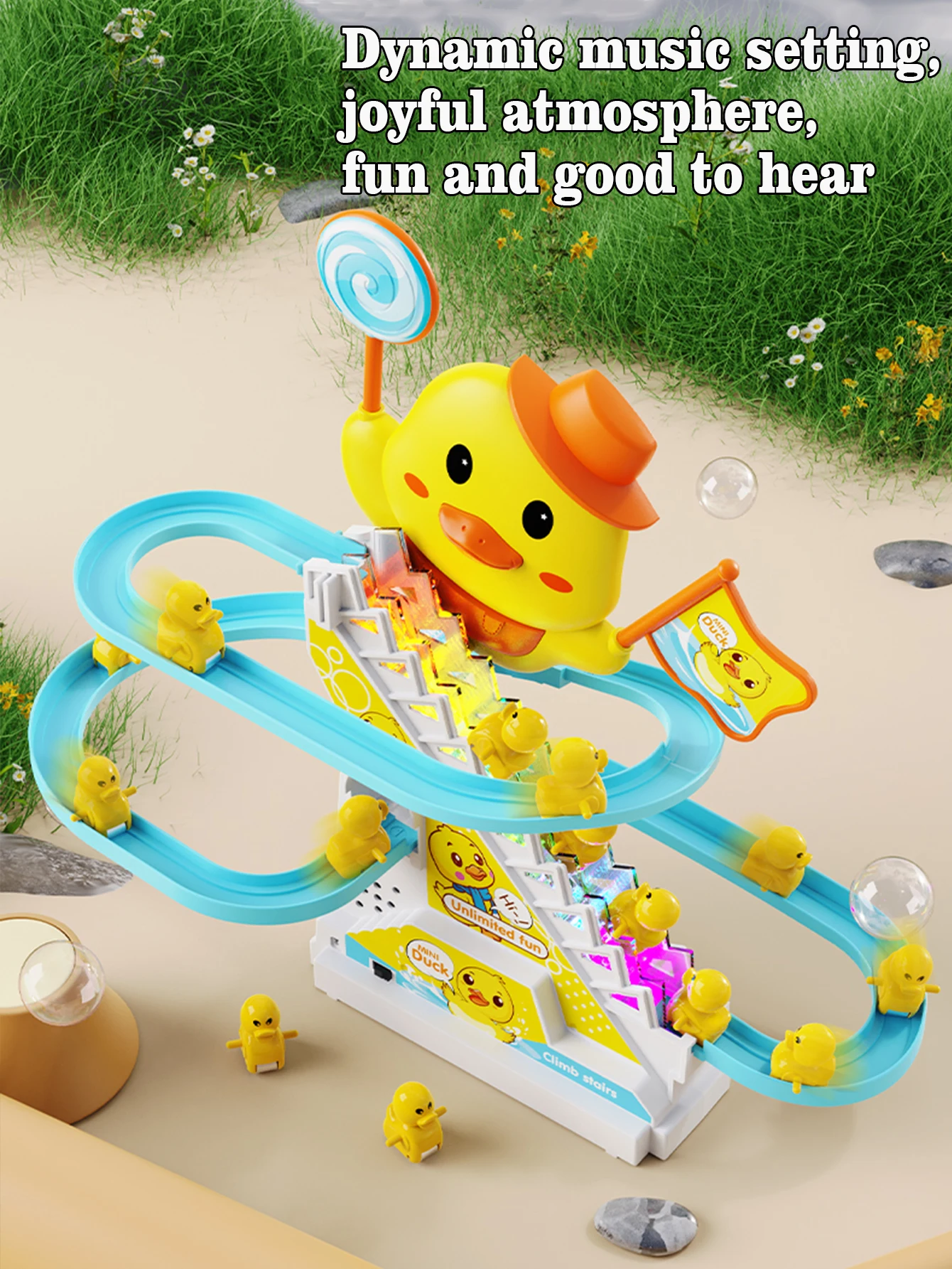 Children's Duck Climbing Stairs Toy Electric Track Automatic Stairs Duck Slide Light Music Puzzle Early Education Toy