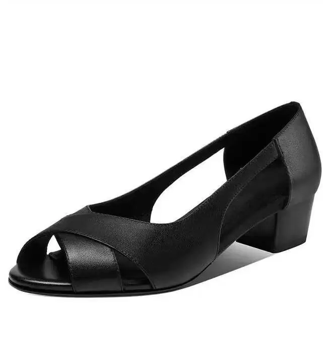 Fashion Lady Square Toe Block Heel Sandal Women Slid On Elastic Upper