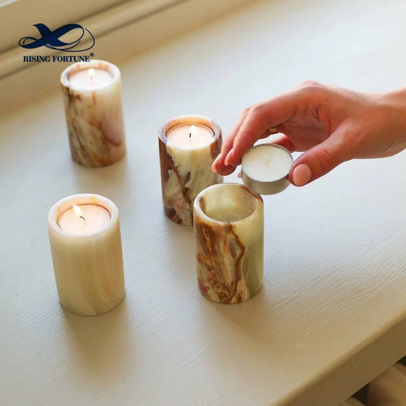 China Factory Wholesale Modern White Pink Green Onyx Candle Vessel Jar With Lid