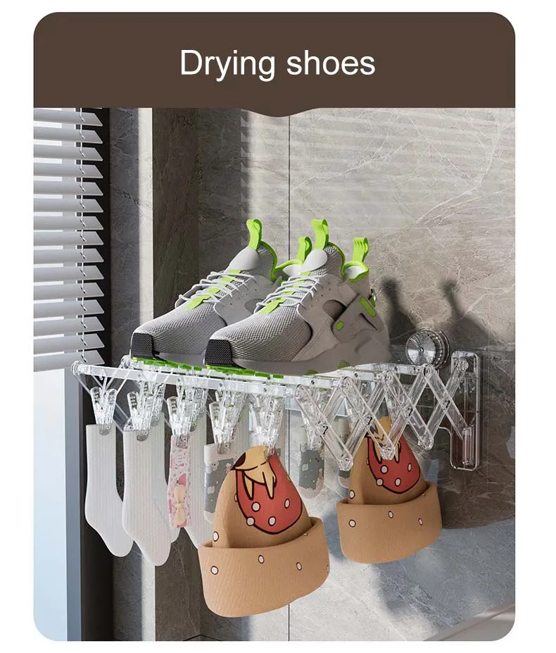 Household Drying Rack with Suction Cup Non-Punch Balcony Folding Hanger Storage Rack for Clothes & Socks Wall Use