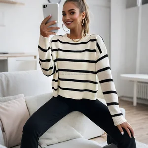 2024 Autumn Winter Women's round Neck Striped Knitted Pullover European American Style Casual Short Length