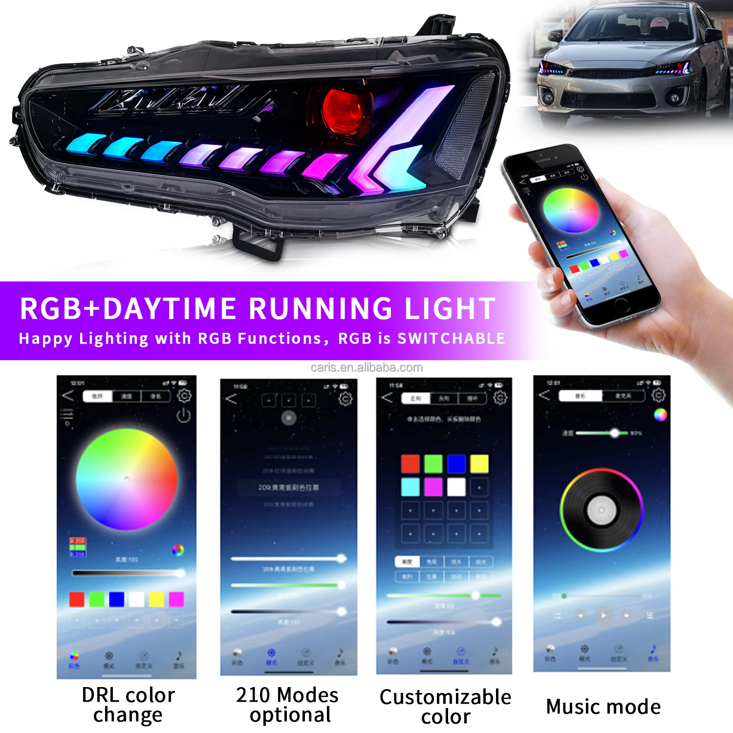 Lámpara RGB de nuevo diseño arcaico con faros de señal de giro secuencial para Mitsubishi Lancer ex Evo 2008-2017 lámpara delantera