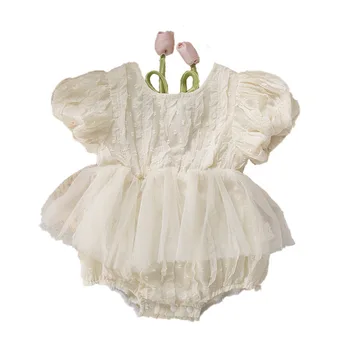 Baby Girls Gauze Skirt Bodysuit Flower Backless Bodysuit Triangle Baby Romper Short Sleeve Climbing Clothes