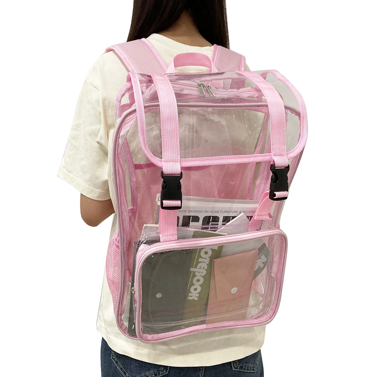 Customized logo pvc material high quality pink colorful school backpack transparent clear pvc backpack for men women kids