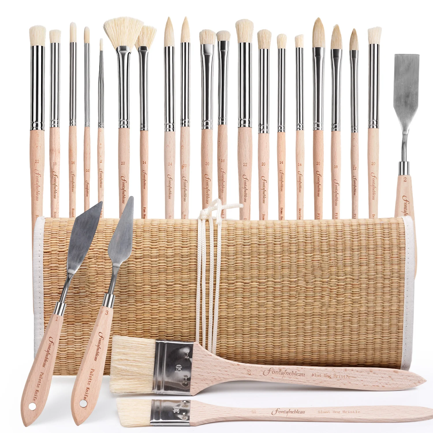 Fontainebleau New Arrival 24pcs Oil Brush Set Hog Bristle Wooden Handle Artist Paint Brush for Acrylic Oil Paiting