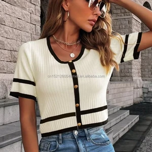Women's New Spring Summer V-Neck Pullover Sweater Korean Style Knitted Top with Front Logo Contrast Color