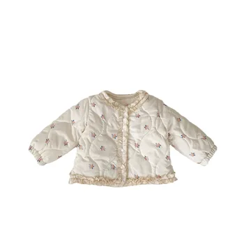 2024 new winter clothing baby coat toddlers quilted thickened cardigan lace print velvet warm baby top