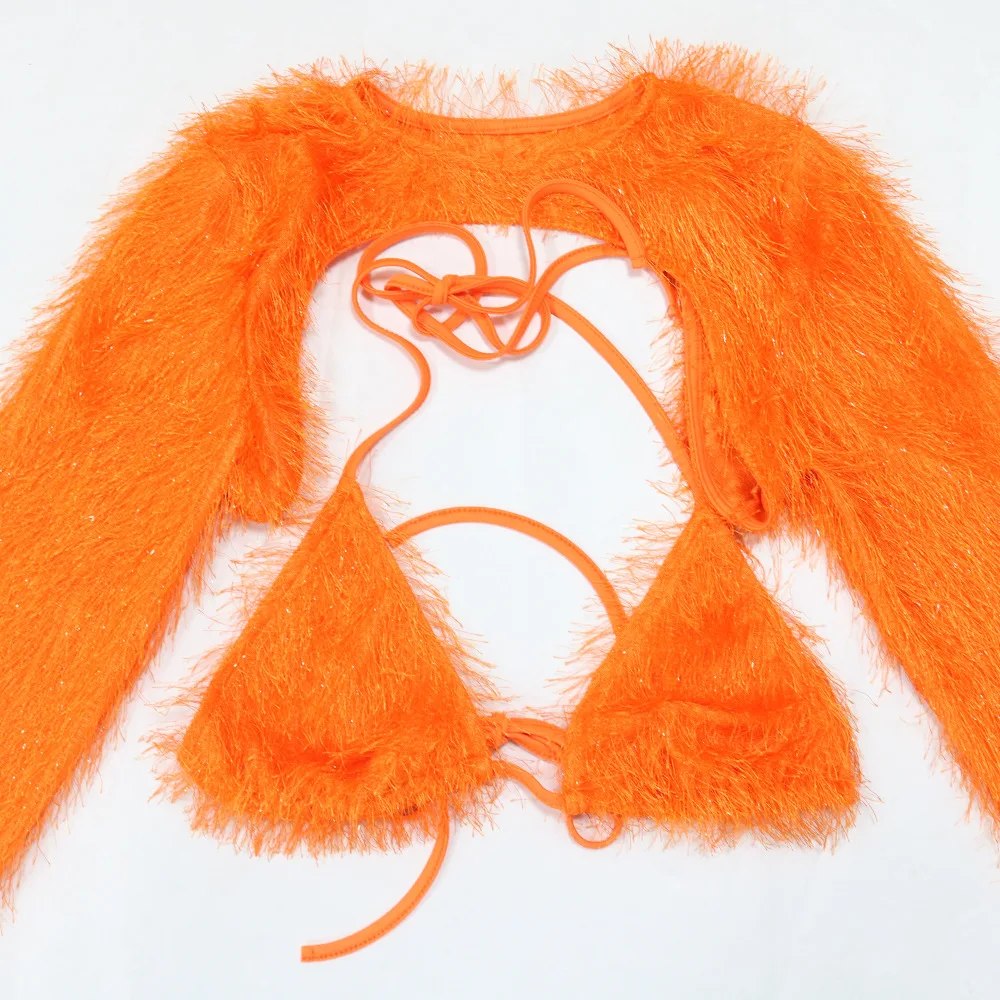 2024 Women Sexy Fur Orange Three Piece Skirts Set Fashion Backless Long