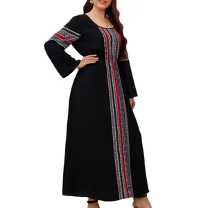 Spring and Autumn Retro Ethnic Style Slim Splicing High Waist Long Sleeve Round Neck Dresses