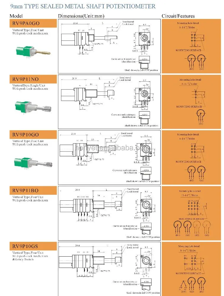 9mm vertical type dual gangs with push-lock mechanism rotary potentiometer