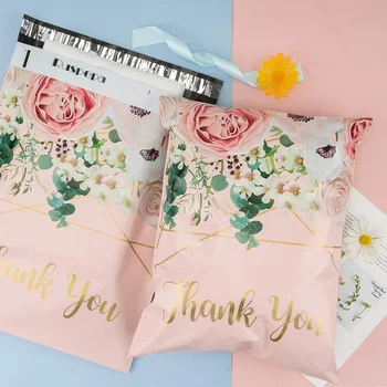 Poly Mailers Shipping Bags Thank You Notes Flowers Surrounded 3 Mil Heavy Duty Self Seal Mailing Envelopes - Pink