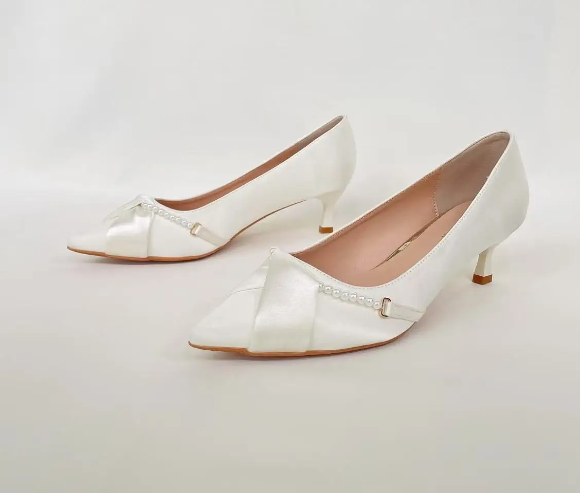 Ladies Bride Shoe Pointed Toe Stiletto Wedding Shoes Set White Silk Bow Large Size 5 Cm Heel Wedding Shoes For Bride - Image 5