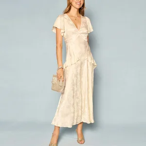 Factory One Stop Floral Printed Ruffled Elegant Long Dresses Women Summer Short Sleeve v Neck Midi Satin Dress
