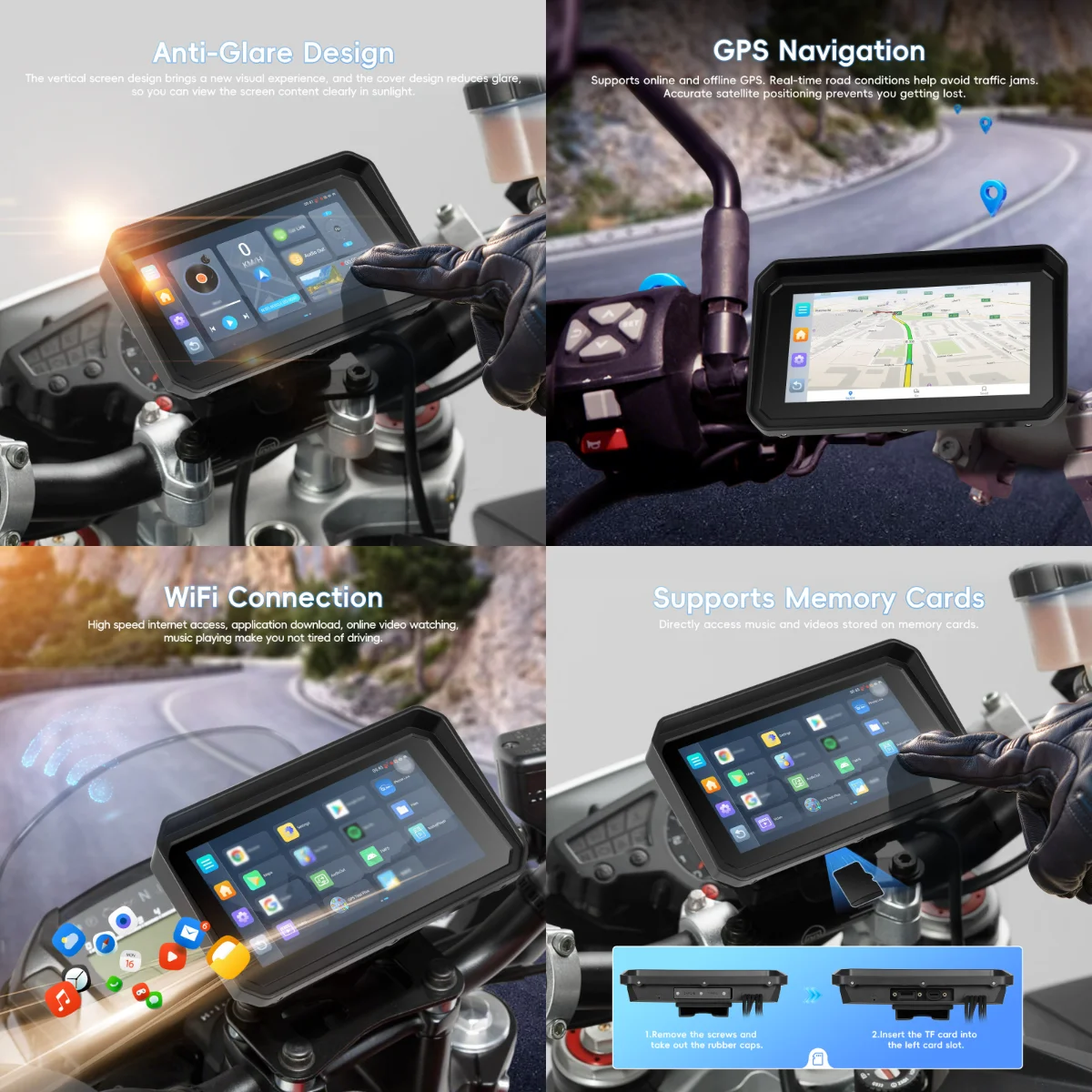 podofo android 464g 6 portable carplay motorcycle screen bt dvr ip68 waterproof ips touch screen stereo oem customization a4415-4