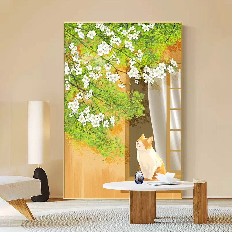 Orange Tabby Cat Wall Art Canvas Print Blooming White Flowers Green Foliage Warm Beige Background Minimalist Whimsical