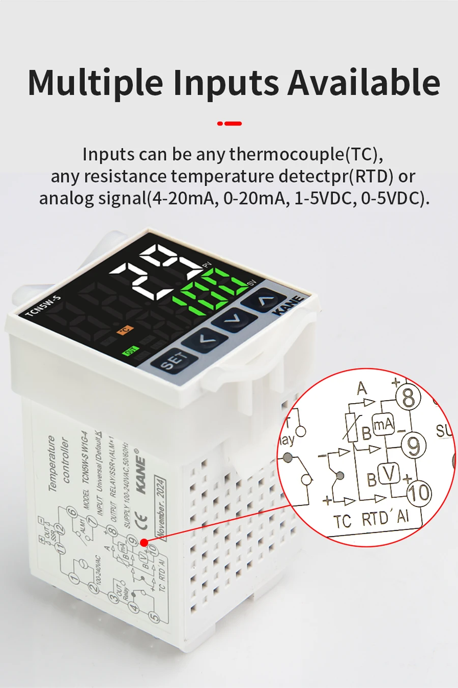 TCN5W-S 48*48mm 220V 24Vdc LED Display Digital Pid Intelligent Temperature Controller with Output Relay and SSR 4-20mA 0-10Vdc