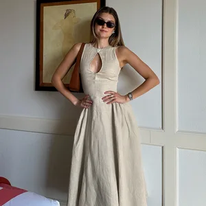 Sexy Hollow Out A-line Women Maxi Dress Black Sleeveless Single Button Dress Femme Autumn Slim Elegant Party Clubwear 3211