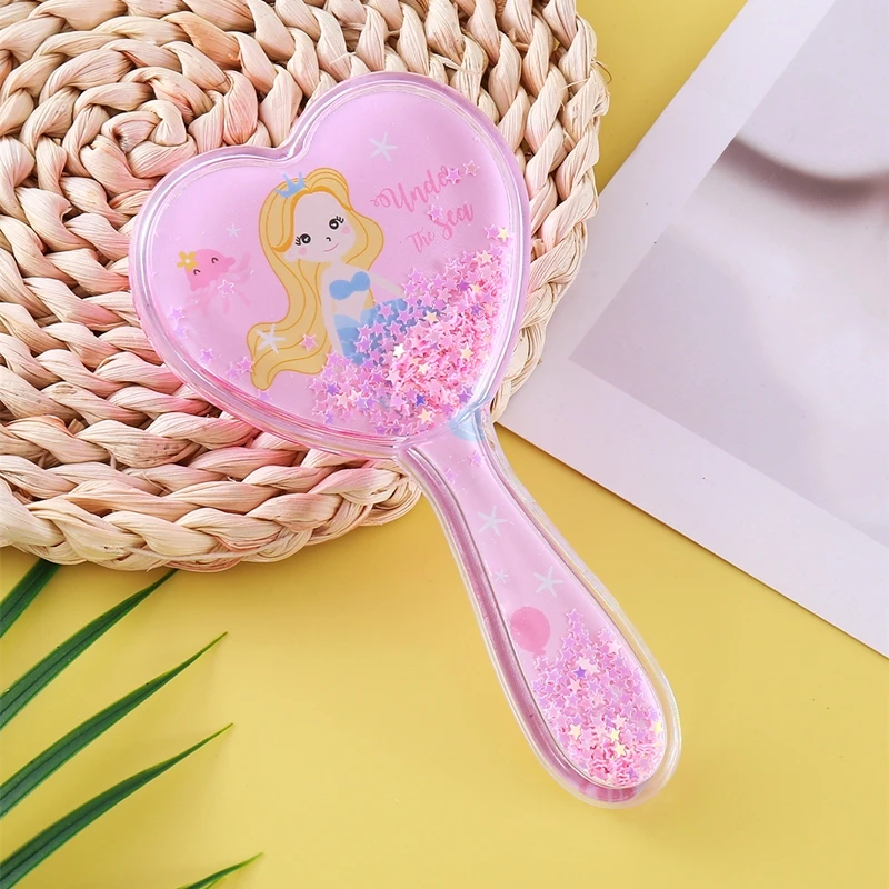 Hot Selling Compact Heart Shape Transparent Blue Unicorn Pattern Hairbrush Cute Cartoon Pink Mermaid Pattern Hairbrush for Girls