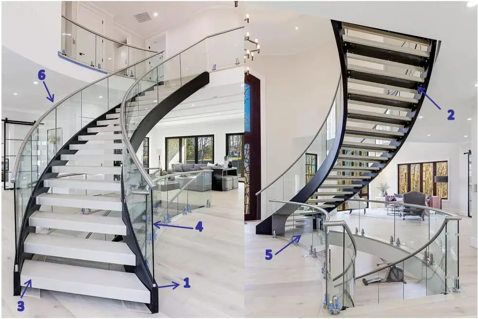 Modern economic indoor steel stairs curved staircase with glass railing marble stair steps decor stairs details