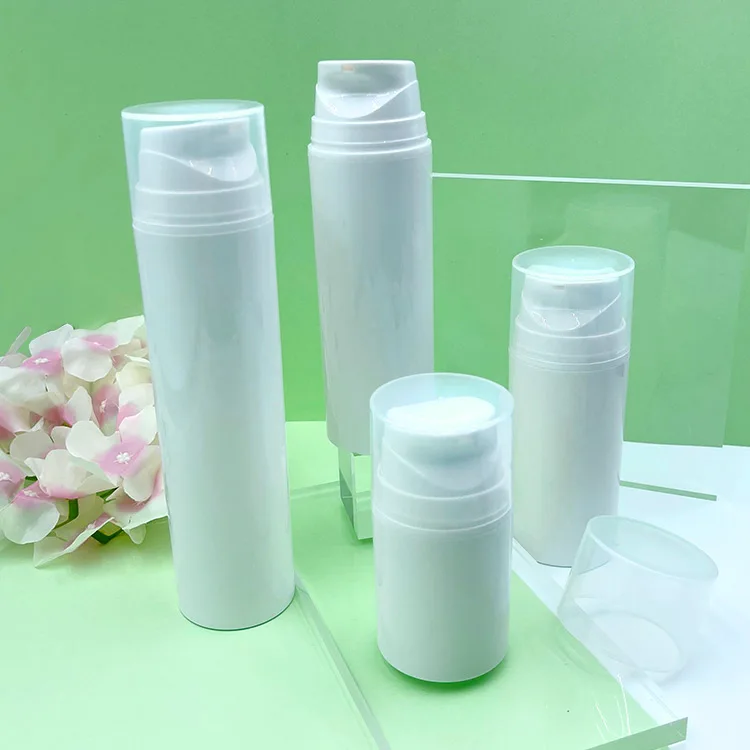 Cylindrical PP Plastic Airless Bottles With Transparent Snap on Cap 50ml 100ml 150ml 200ml