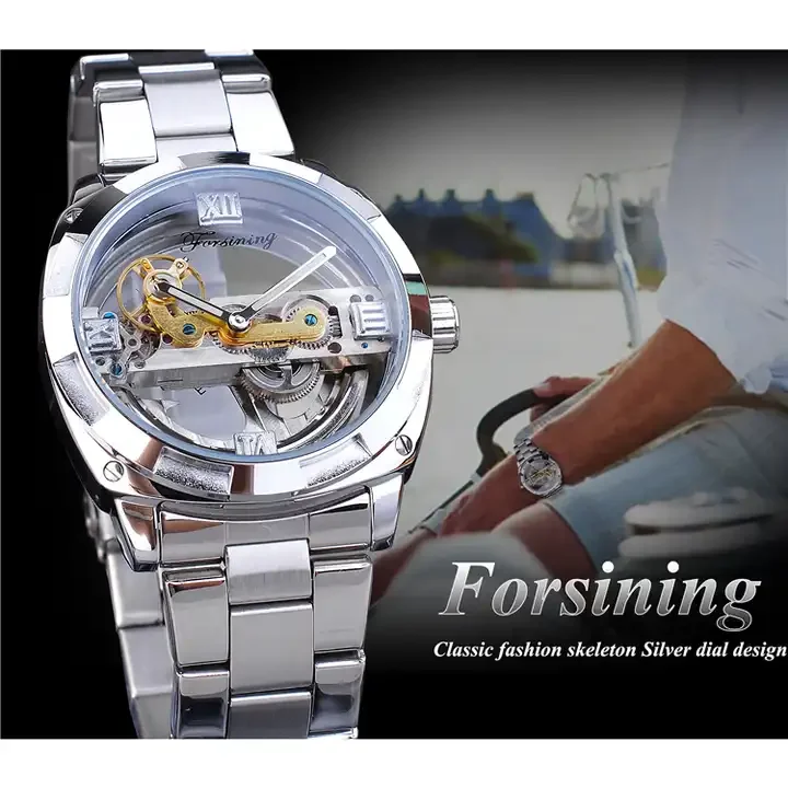 Winner GMT1165 Mechanical Skeleton Automatic Watch Men Transparent Design Stainless Steel Strap Wristwatches for Men Relojes