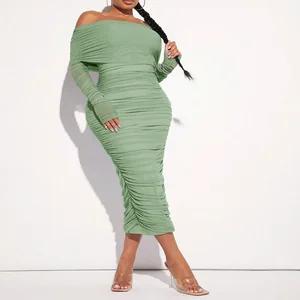 Custom Women Sexy Off Shoulder Sheer Mesh Long Sleeve Midi Dress Body-con See Through Shinny Party Club-wear Ruched Dress