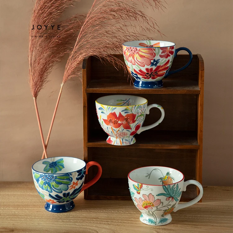 Joyye in Stock 16 oz 450ml Ceramic Mugs Coffee Milk Cups Set of 4pcs Under  Glaze Color Handpainted Flower Ceramic Mugs