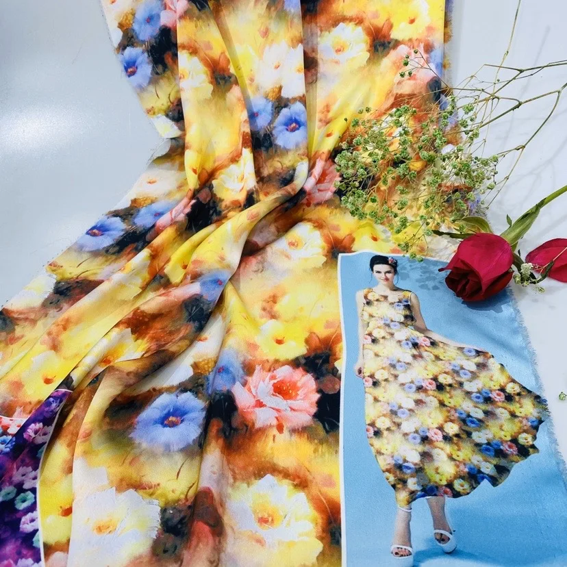 Шелковая сатиновая шифоновая ткань с цифровым принтом для женского платья, шарфа, хиджаба