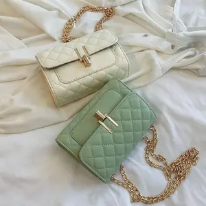 2021 New Small Square Diamond Lattice Bag Pu Solid Zipper Fashion Single Shoulder Messenger Bag With Chain Tote Handbag Women