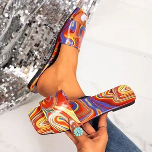 Summer New Fashion Flat Casual Print square Head Daily slippers Outdoor Elegant Beach Sandals Plus Size Women Shoes
