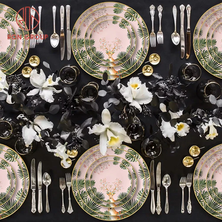 fancy sika deer gold rim pink bone china creative Christmas plates decorative dinner set plates sets dinnerware