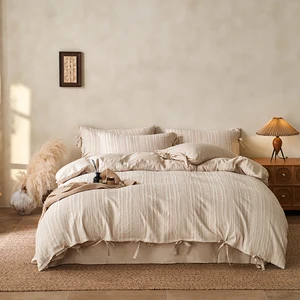 4-Pieces Breathable Linen Cotton Jacquard Wave Bedding Set Comfortable Yarn-Dyed Jacquard Duvet Cover Set for Home